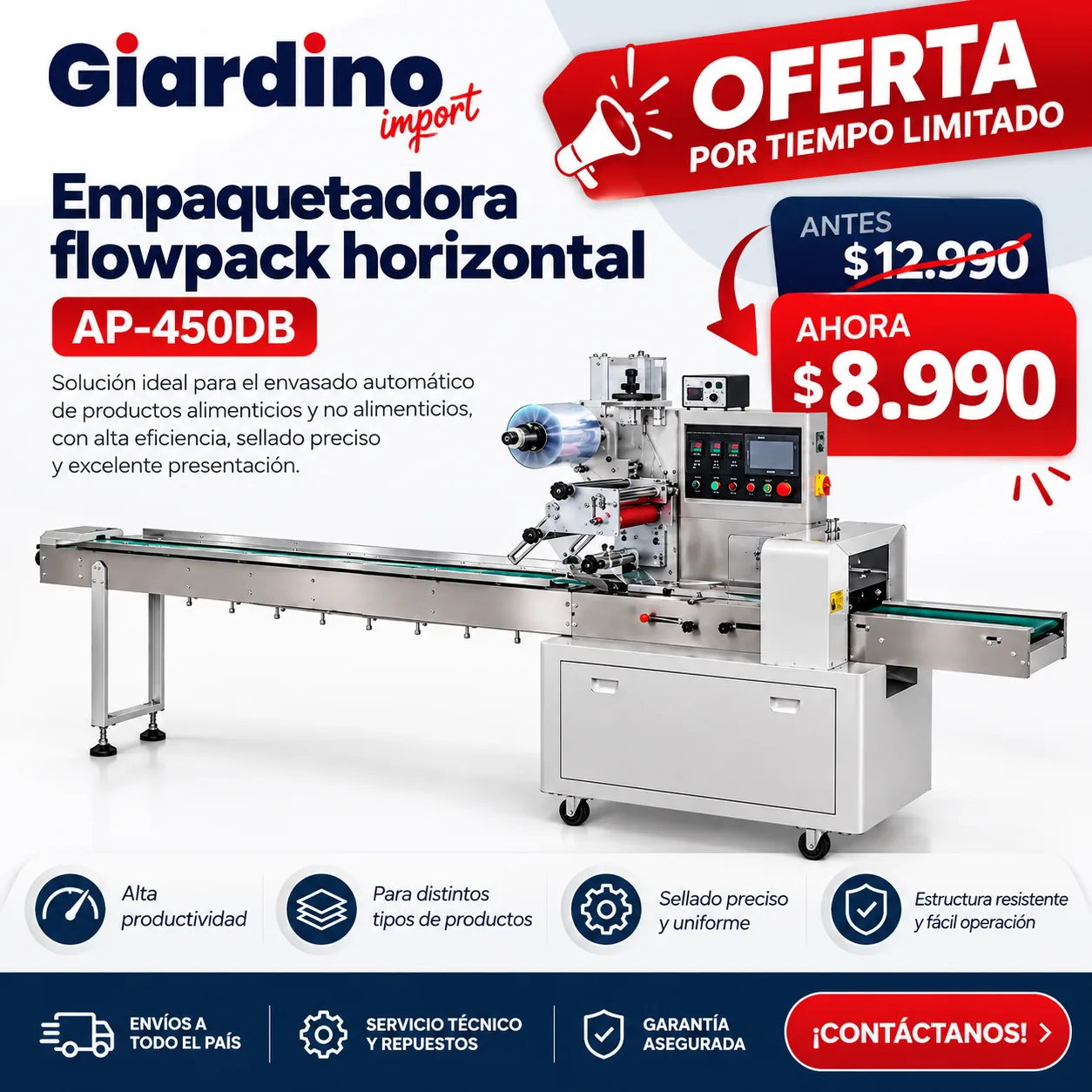 Oferta: empaquetadora flowpack horizontal AP-450BD, antes US$ 12,990, ahora US$ 8,990