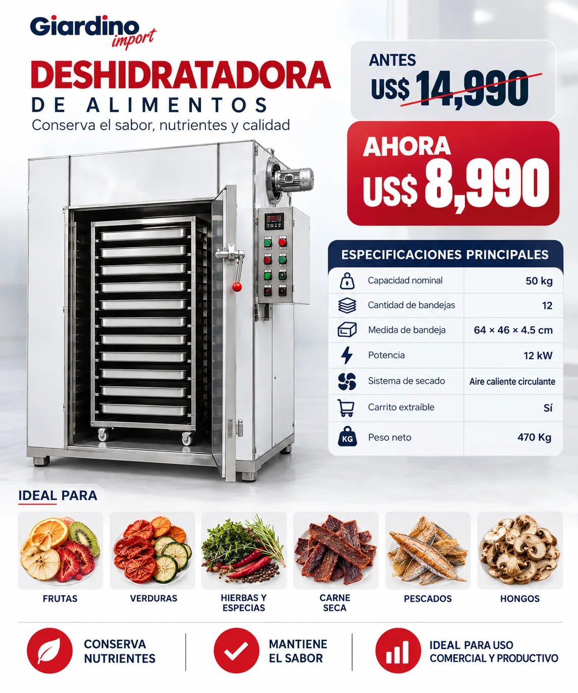 Oferta: deshidratadora de alimentos de 12 bandejas, antes US$ 14,990, ahora US$ 8,990